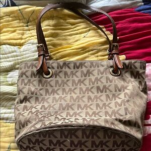 Michael Kors Brown Leather Tote with Monogram Design